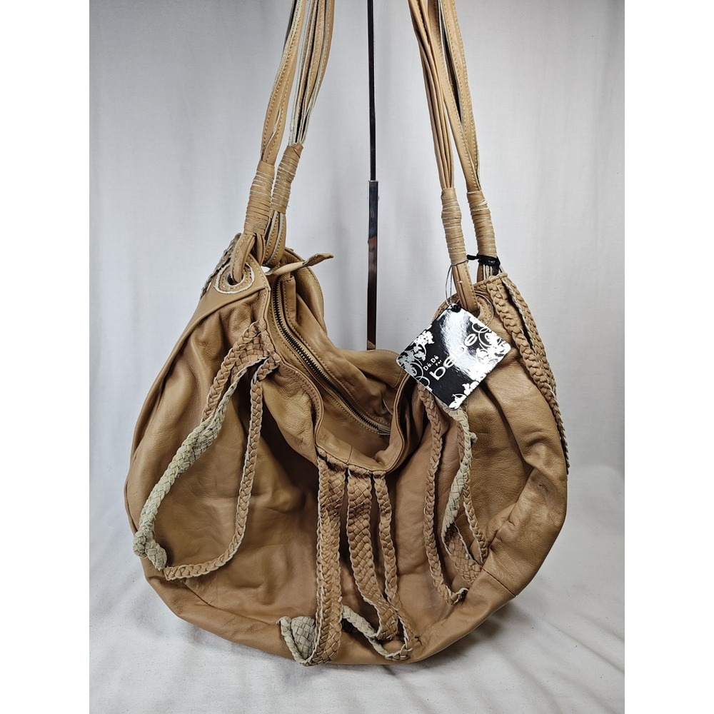 Bebe Nadine Tan Leather Braided Fringe Boho Large Slouchy Hobo Bag Purse NWT